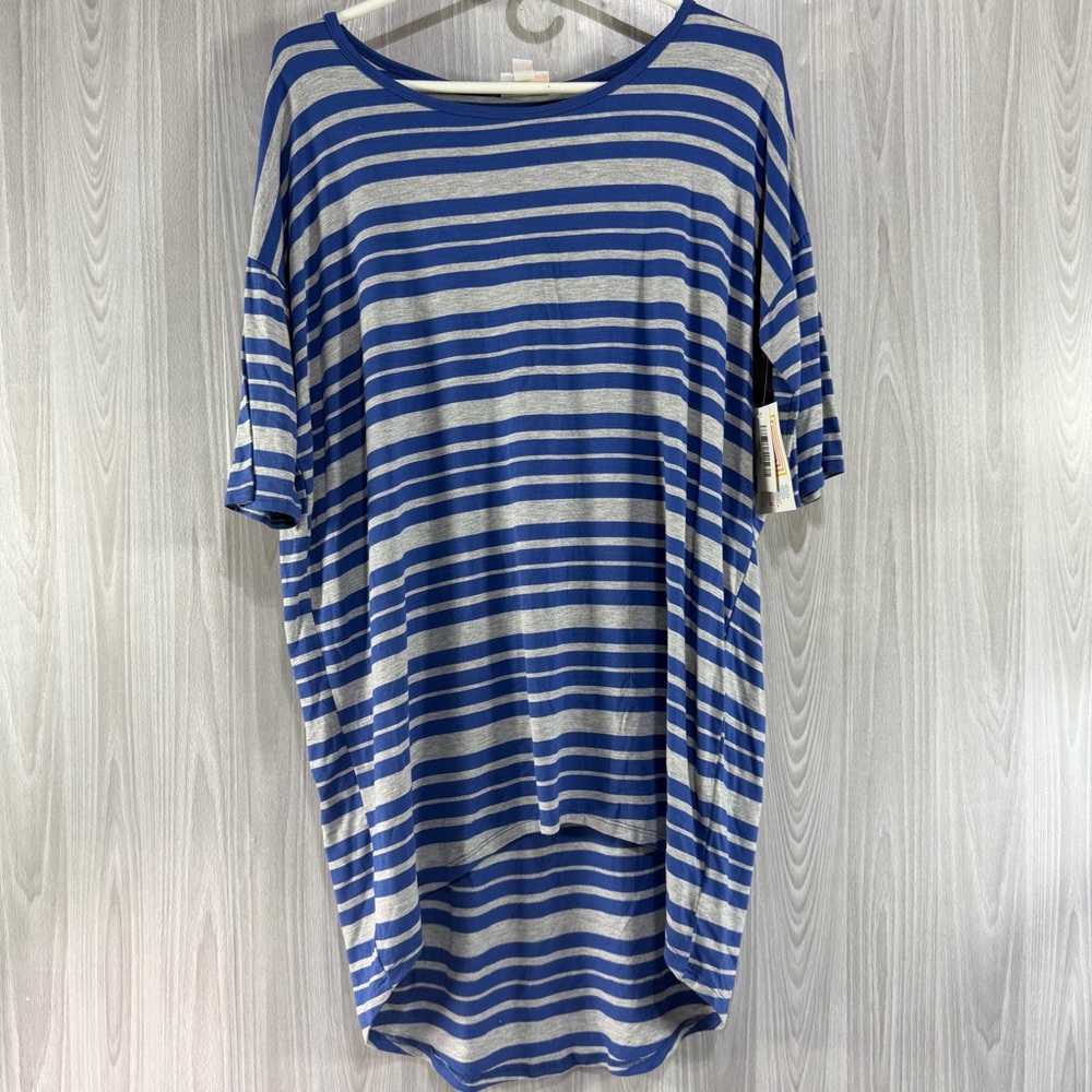 Lularoe Women's Irma Heathered Gray &‎ Blue Striped Tunis Tshirt Size XS NWT